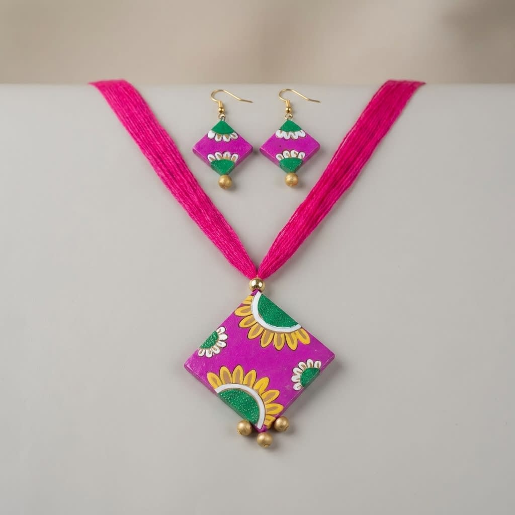Handcrafted Terracotta Jewelry Set - Necklace and Earrings with Floral Design