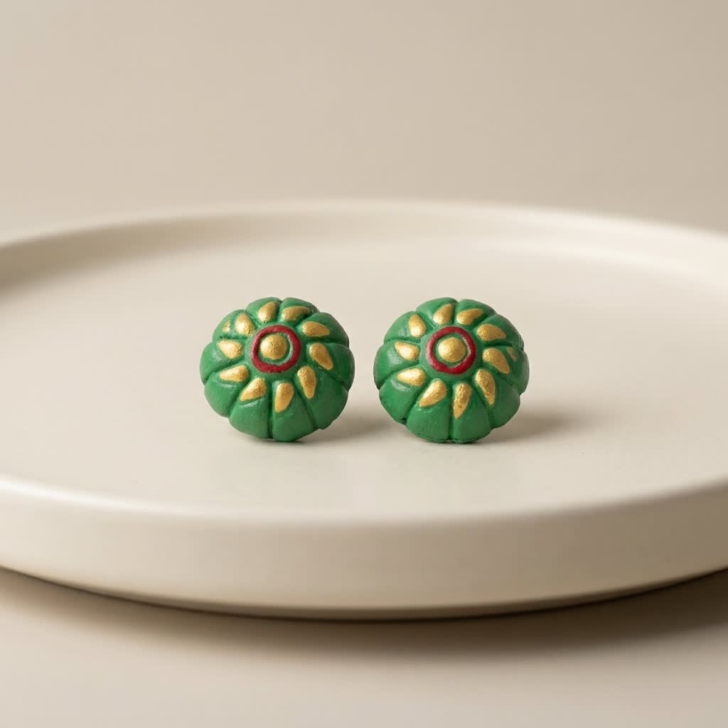Handcrafted Green Floral Terracotta Earrings