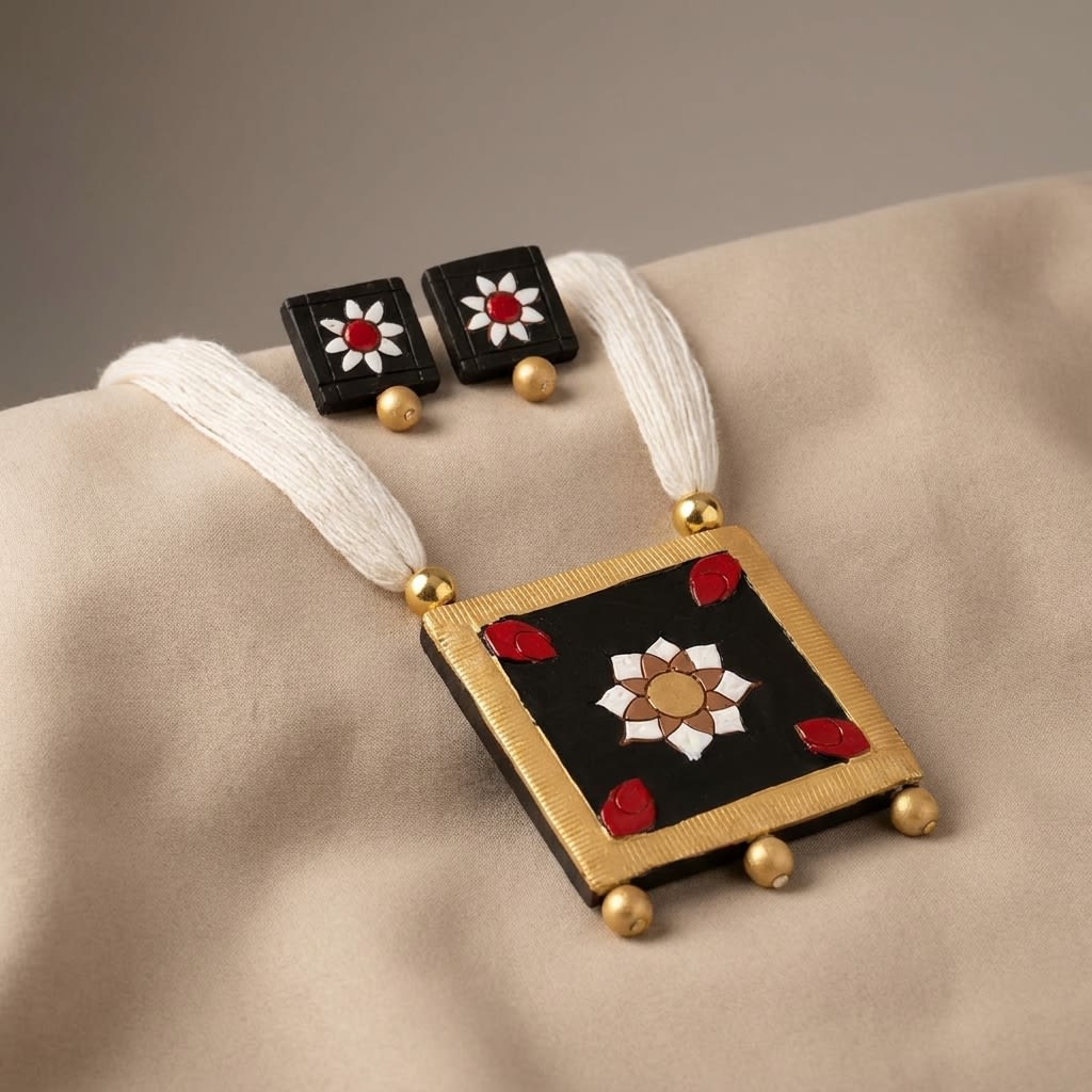 Handcrafted Black Floral Pendant Necklace and Earrings Set with Gold Accents