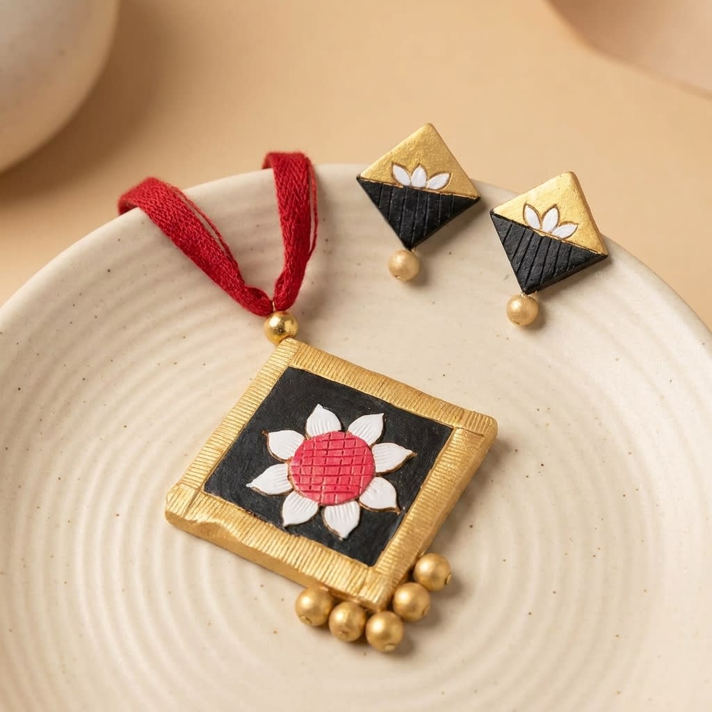 Handcrafted Terracotta Jewelry Set - Floral Design Necklace and Earrings