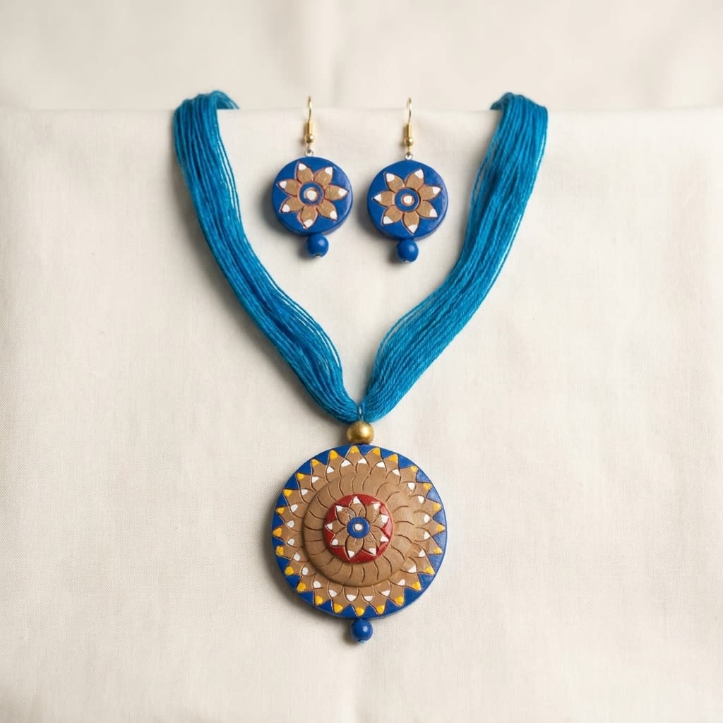 Handcrafted Blue & Gold Ethnic Necklace Set with Matching Earrings