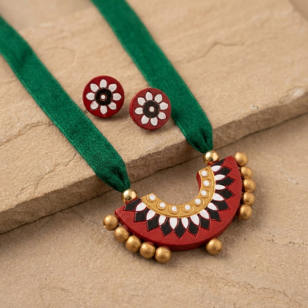 Traditional Handcrafted Terracotta Flower Necklace with Green Fabric Straps