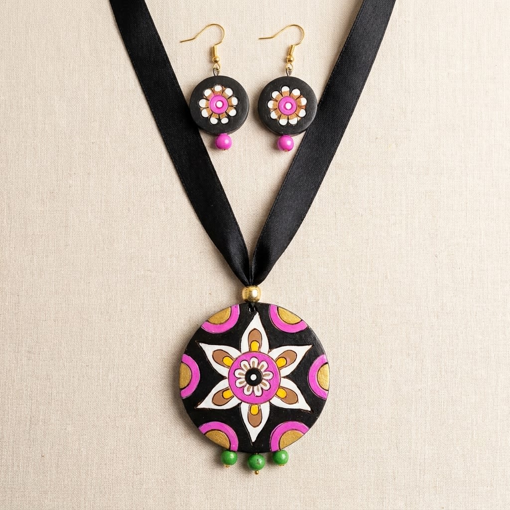 Handcrafted Black Floral Pendant Necklace with Matching Earrings Set