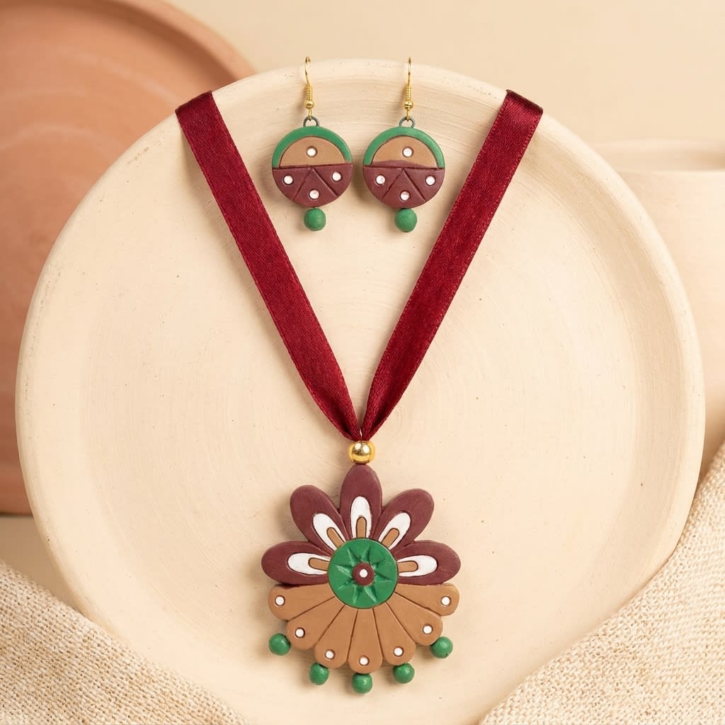 Handcrafted Terracotta Jewellery Set - Maroon & Green Necklace and Earrings