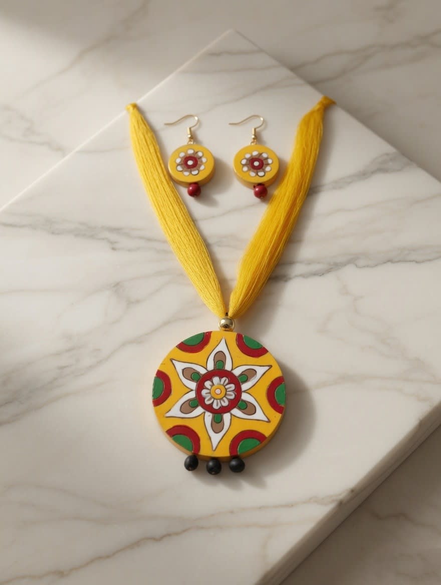 Handcrafted Yellow Ethnic Necklace Set with Matching Earrings