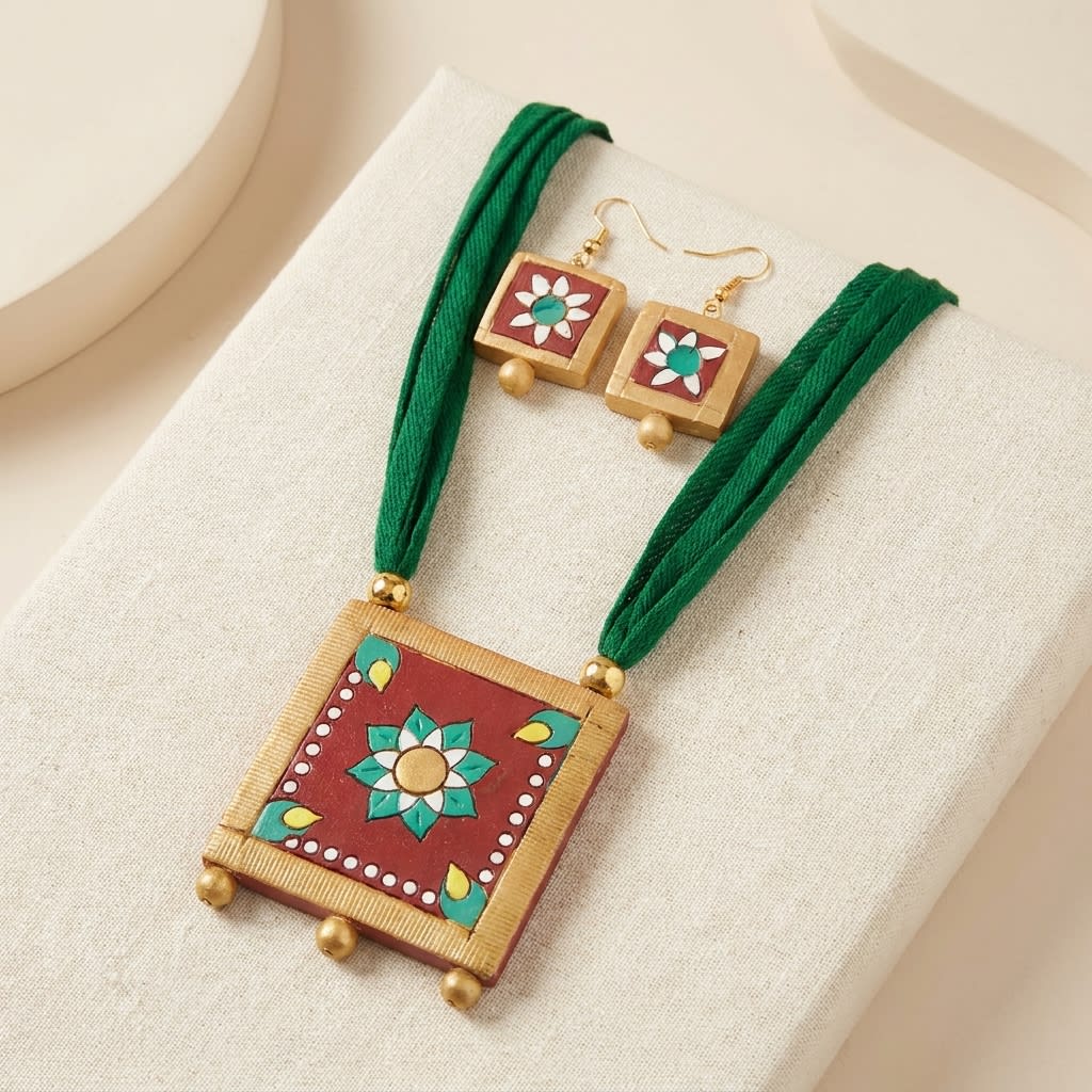 Handcrafted Terracotta Jewelry Set with Green Fabric Detailing