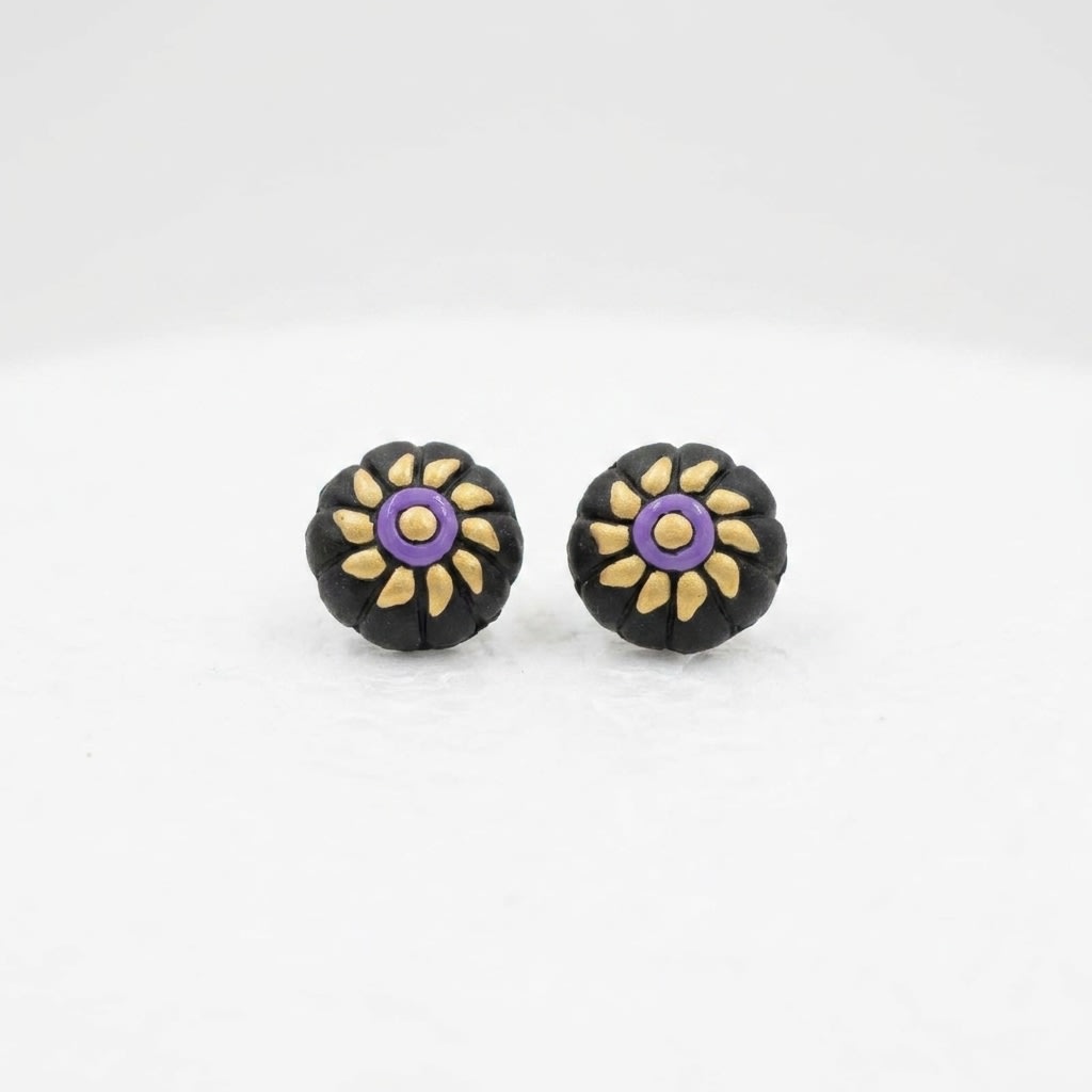 Handcrafted Black Terracotta Stud Earrings with Golden Sunflower and Purple Center