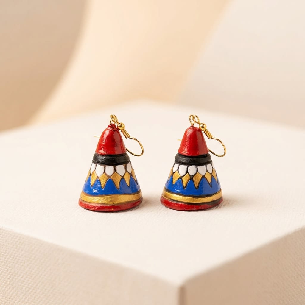 Handcrafted Terracotta Jhumka Earrings - Colorful Tribal Pattern