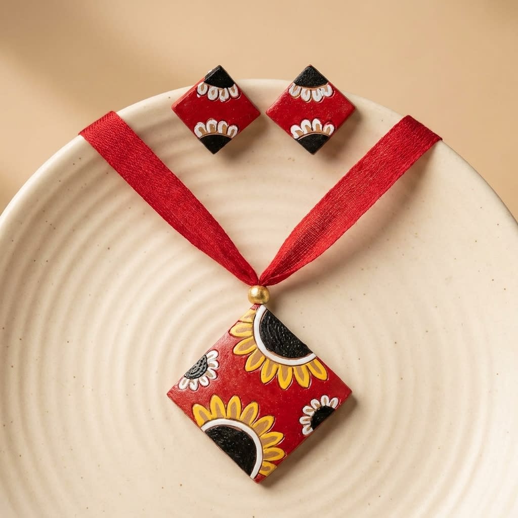 Handcrafted Terracotta Necklace and Earrings Set - Red with Floral and Sunflower Motifs