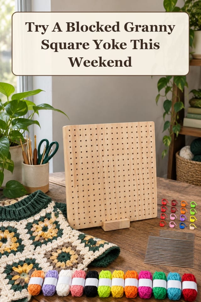 cozy granny square crochet tops with crochet blocking tools and granny square supplies at home maker-lifestyle pin
