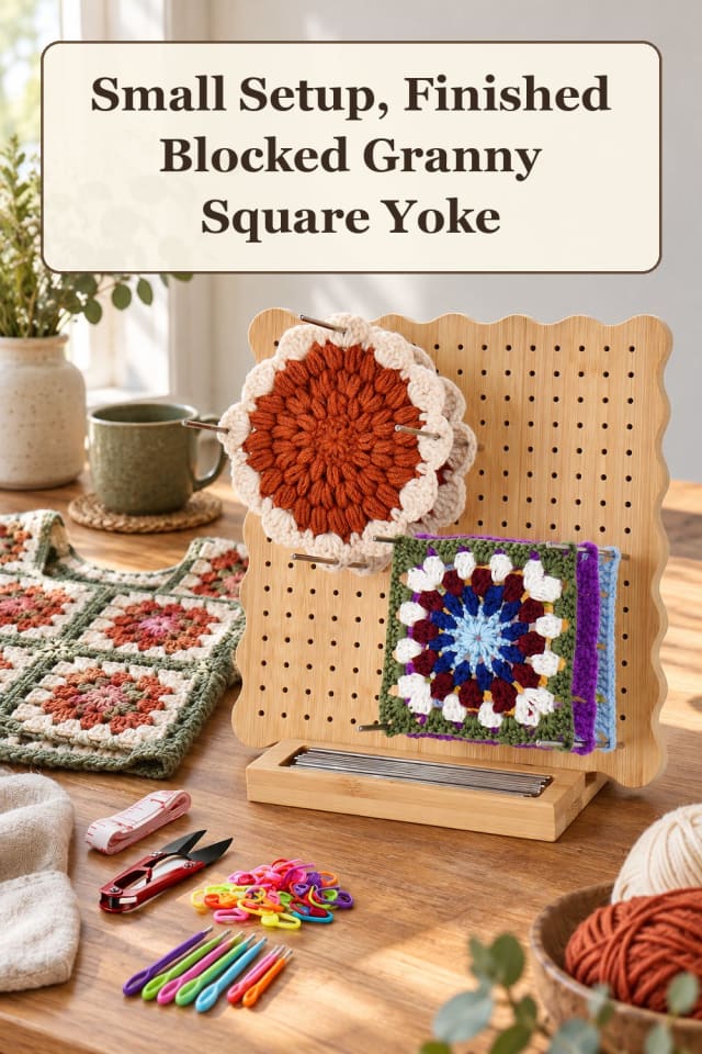 compact granny square crochet tops: crochet blocking tools and granny square supplies for fall maker-lifestyle pin