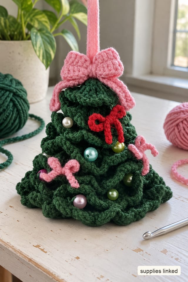 Crochet Bow Tree Ornament Kit for a Pink and Green Christmas maker-lifestyle pin