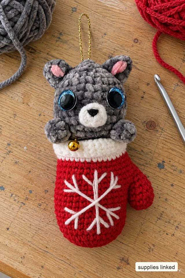 Crochet Kitten Ornament Kit with a Red Snowflake Mitten maker-lifestyle pin