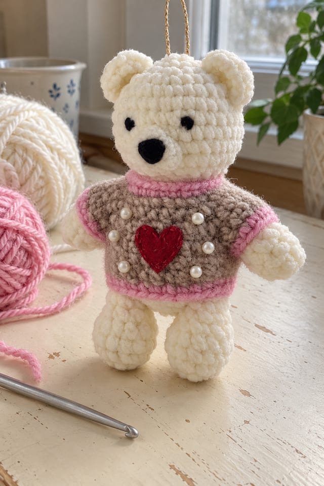 Crochet Bear Ornament Kit with a Pink-Trimmed Christmas Sweater maker-lifestyle pin