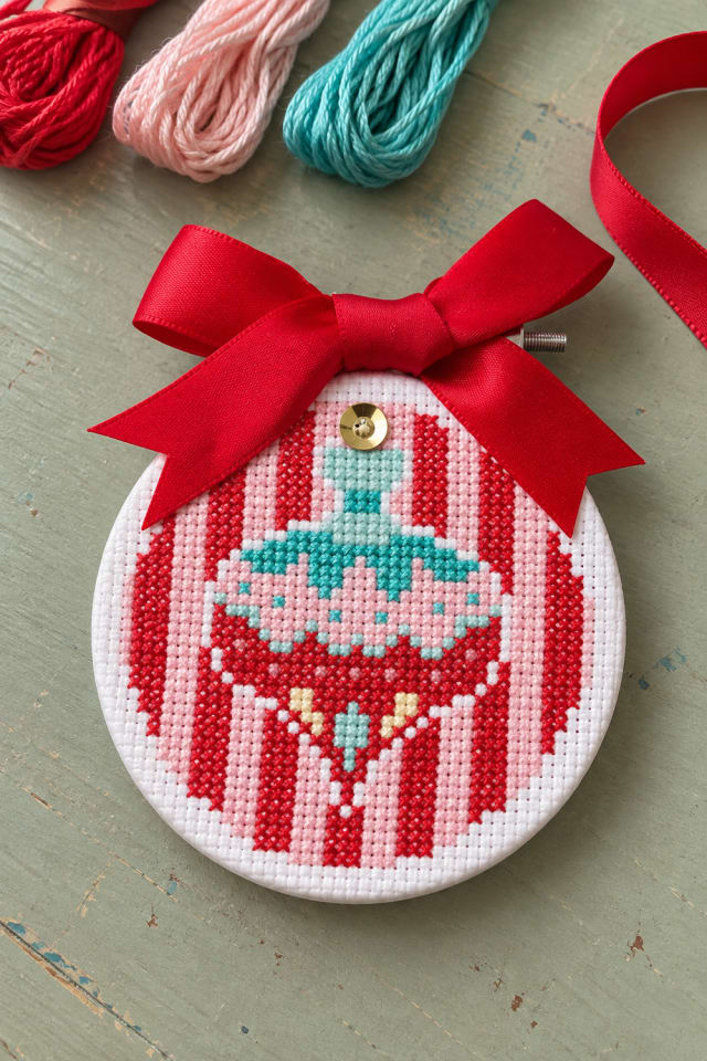 Cross Stitch Ornament Kit with Red Stripes and a Satin Bow maker-lifestyle pin