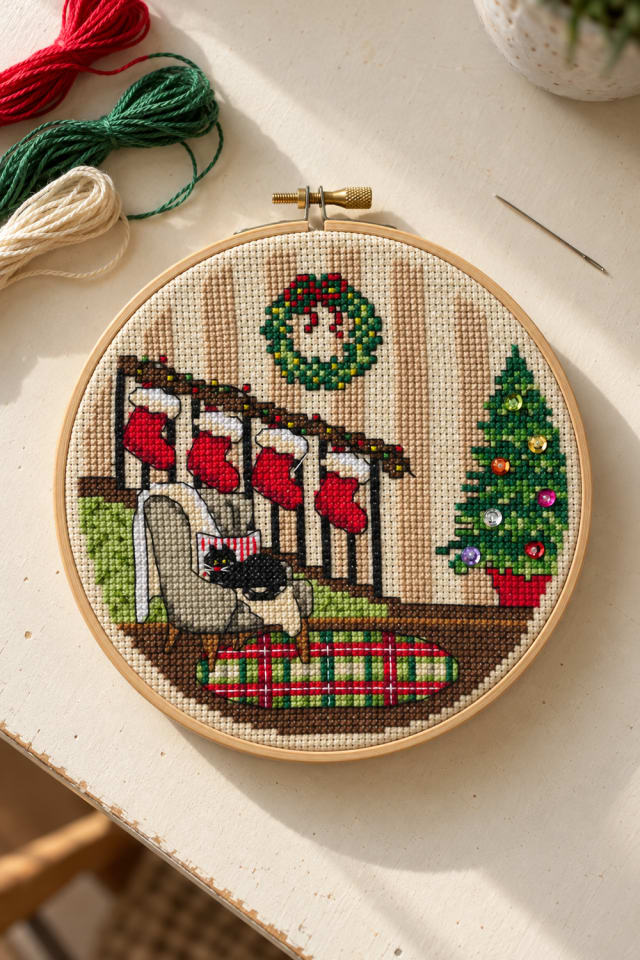 Christmas Living Room Cross Stitch Kit with Stockings and a Cozy Cat maker-lifestyle pin