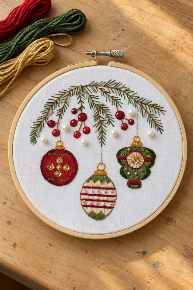Christmas Ornament Embroidery Kit with Pine Boughs and Beaded Details maker-lifestyle pin