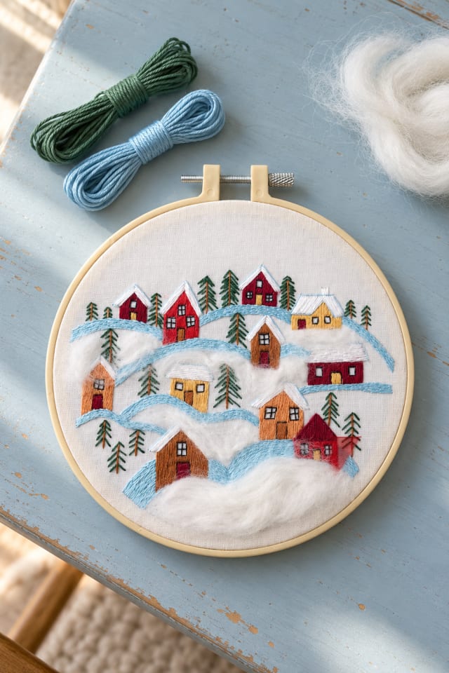 Winter Village Embroidery Kit with Fluffy Wool Snow maker-lifestyle pin