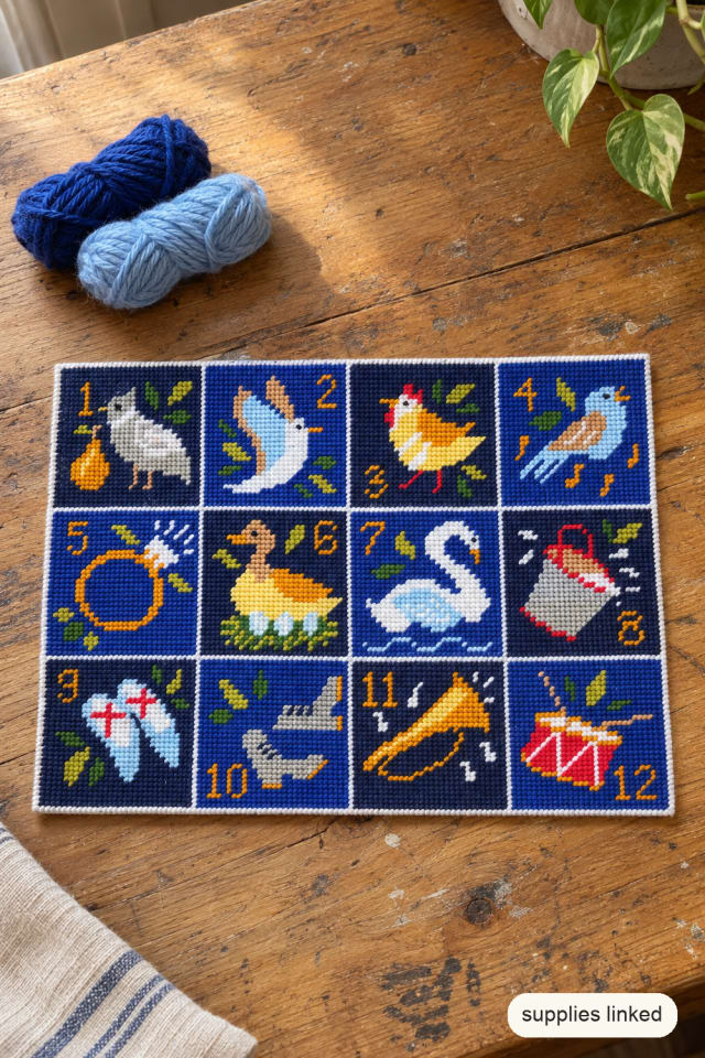 Twelve Days of Christmas Needlepoint Kit with a Blue Sampler Design maker-lifestyle pin