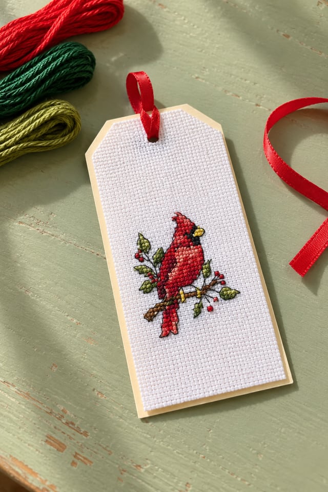 Cross Stitch Christmas Gift Tags with Cardinals and Holly maker-lifestyle pin