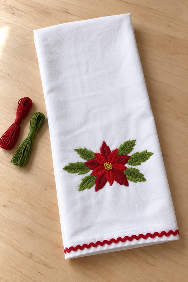 Poinsettia Tea Towel Embroidery Kit for Handmade Christmas Kitchen Linens maker-lifestyle pin