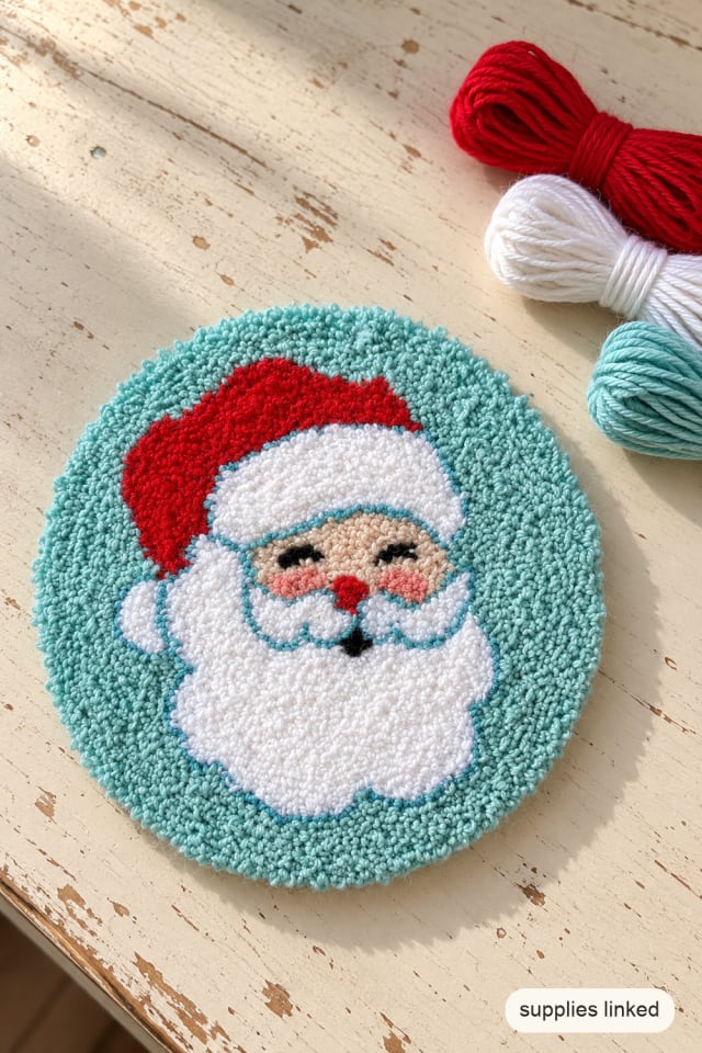 Santa Punch Needle Coaster Kit with a Soft Mint Background maker-lifestyle pin