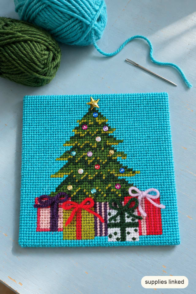 Christmas Tree Needlepoint Kit with Colorful Presents and Sequin Baubles maker-lifestyle pin