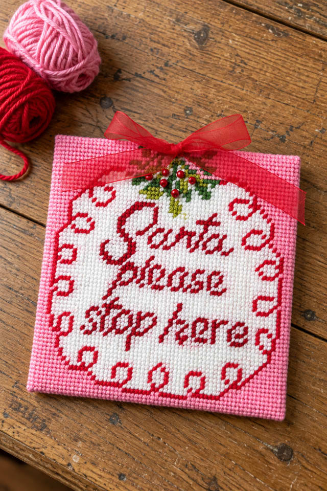 Santa Needlepoint Sign Kit with Pink Borders and a Red Ribbon Bow maker-lifestyle pin