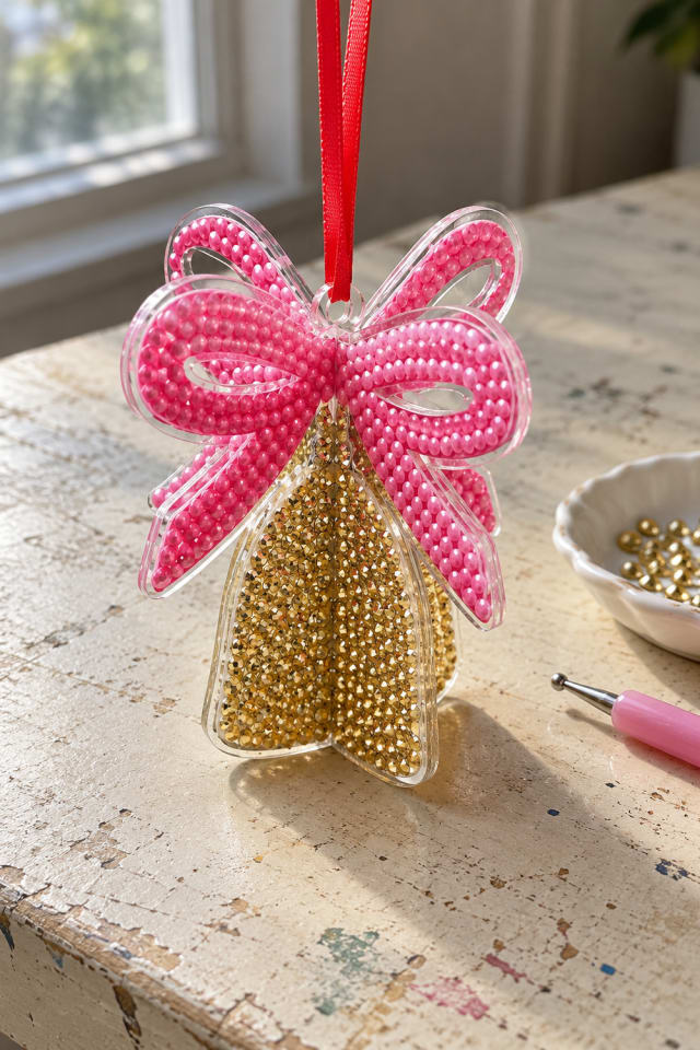 Pink Bow Bell Diamond Art Kit for Dimensional Christmas Ornaments maker-lifestyle pin