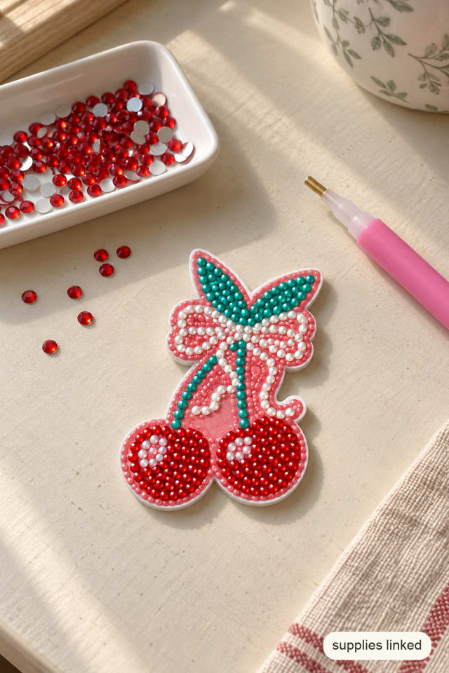 Cherry Diamond Art Magnet Kit with Pink Bows for Holiday Fridge Decor maker-lifestyle pin