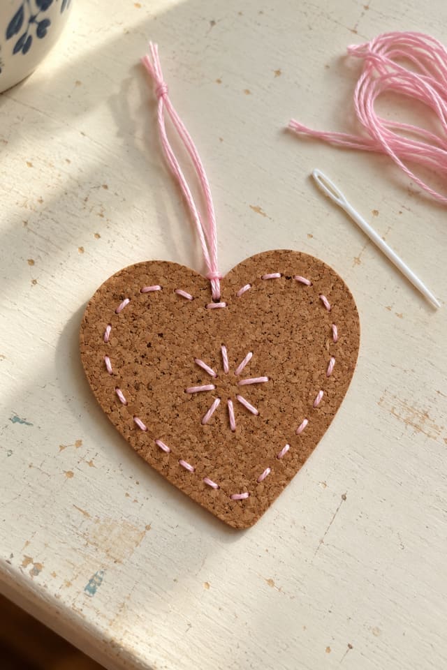 Cork Heart Ornament Sewing Kit with Simple Pink Stitching maker-lifestyle pin