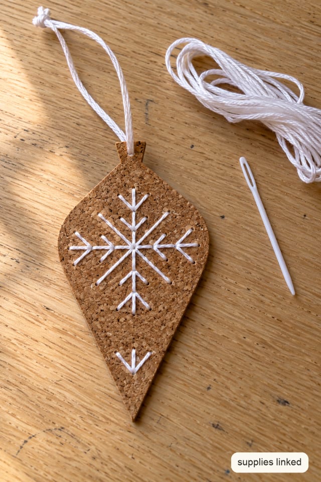 Cork Snowflake Ornament Sewing Kit with White Decorative Stitches maker-lifestyle pin