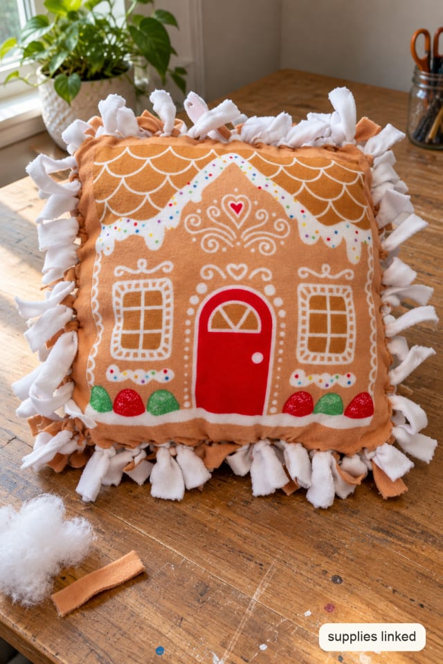 Gingerbread Fleece Pillow Craft Kit with Pre-Cut Tied Fringe maker-lifestyle pin