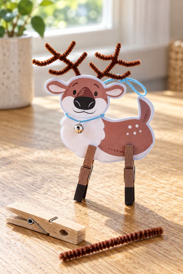Reindeer Clothespin Craft Kit with Chenille Antlers and Tiny Bells maker-lifestyle pin