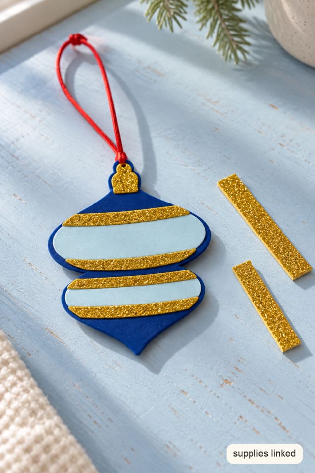 Foam Christmas Bauble Ornament Kit with Blue and Gold Glitter Layers maker-lifestyle pin