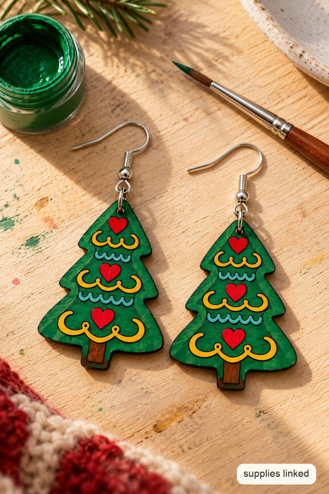 Paint Your Own Wooden Christmas Tree Earrings with Folk Heart Details maker-lifestyle pin