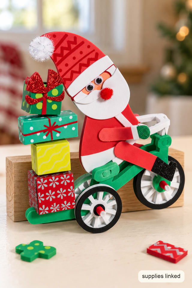 Silly Santa Bicycle Foam Craft Kit with a Stack of Presents maker-lifestyle pin
