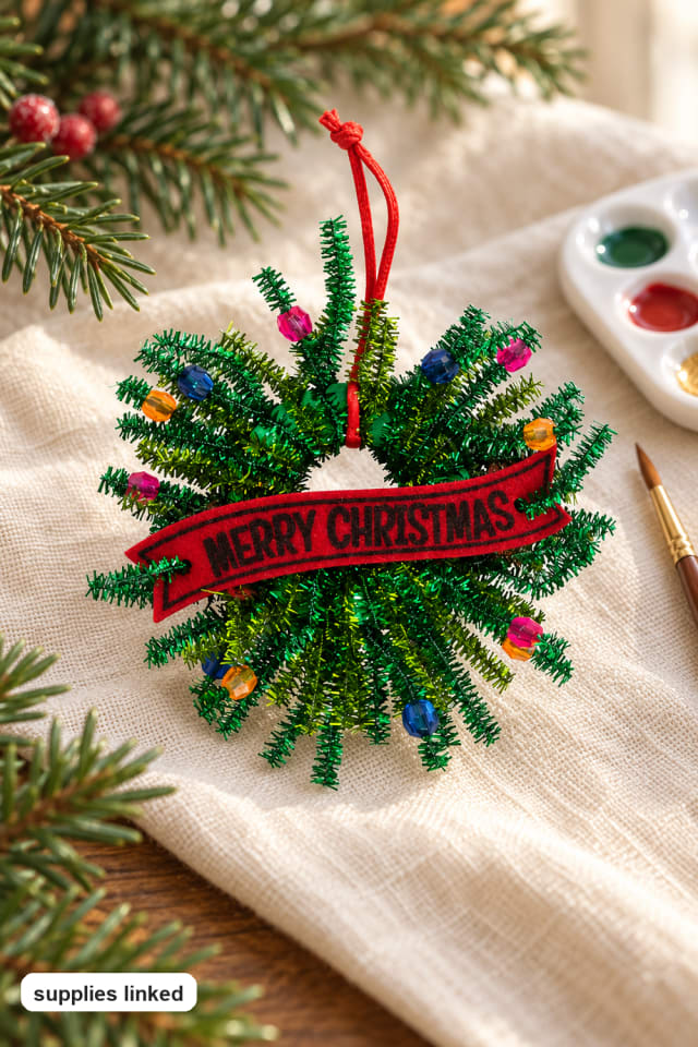 Beaded Chenille Stem Wreath Christmas Ornament Craft Kit | holiday DIY | craft project ideas maker-lifestyle pin