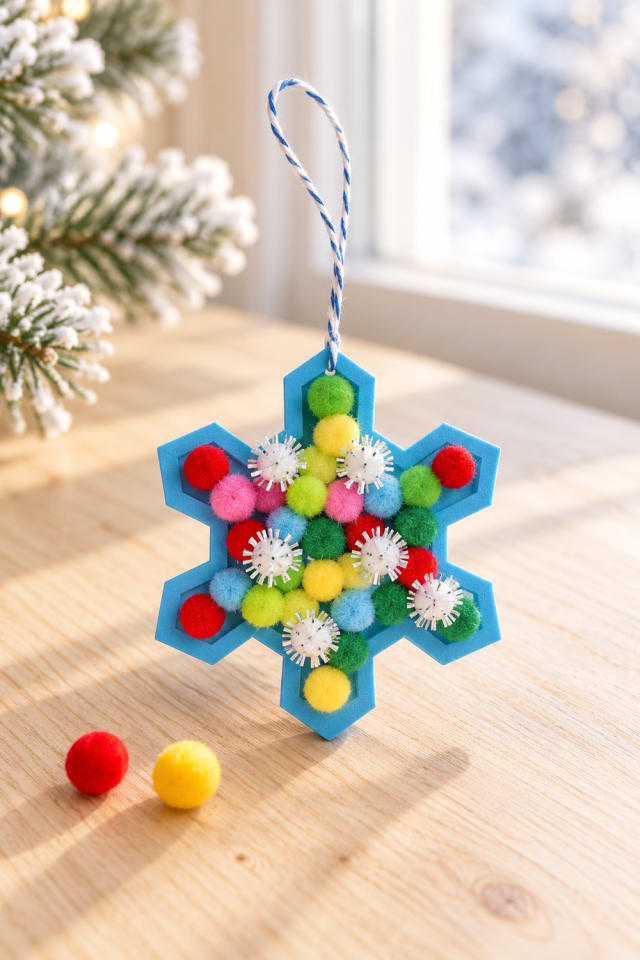 Snowflake-Shaped Christmas Ornament Pom Pom Craft Kit | holiday DIY | craft project ideas maker-lifestyle pin
