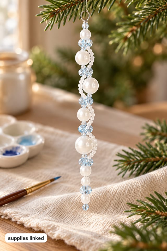 Beaded Pearl Icicle Christmas Ornament Craft Kit | holiday craft ideas | DIY project guide maker-lifestyle pin