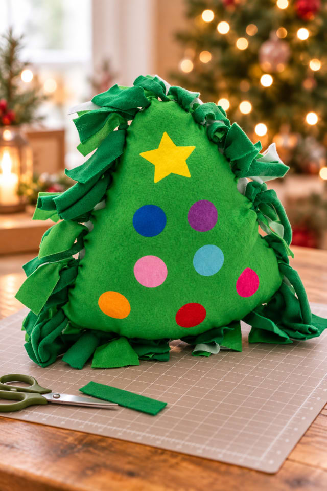 Christmas Tree Fleece Tied Pillow Craft Kit | holiday craft ideas | DIY project guide maker-lifestyle pin
