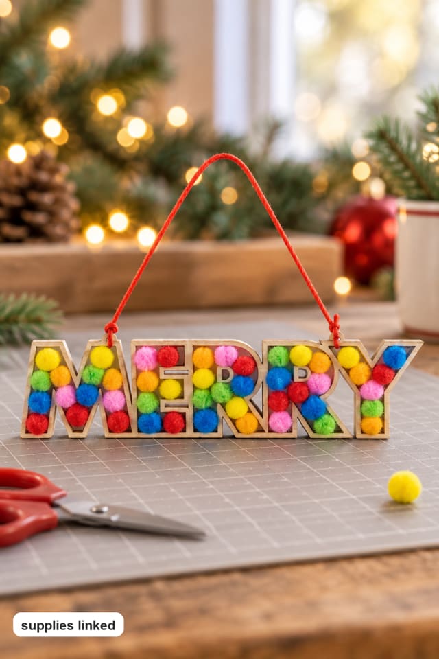 Merry Christmas Wood Pom-Pom Ornament Craft Kit | holiday craft ideas | DIY project guide maker-lifestyle pin