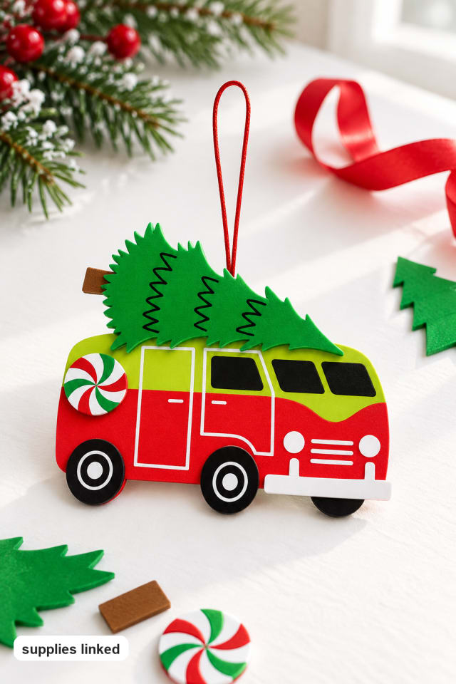 3 3/4" Christmas Vehicles with Tree Ornament Foam Craft Kit | holiday craft | DIY ideas maker-lifestyle pin