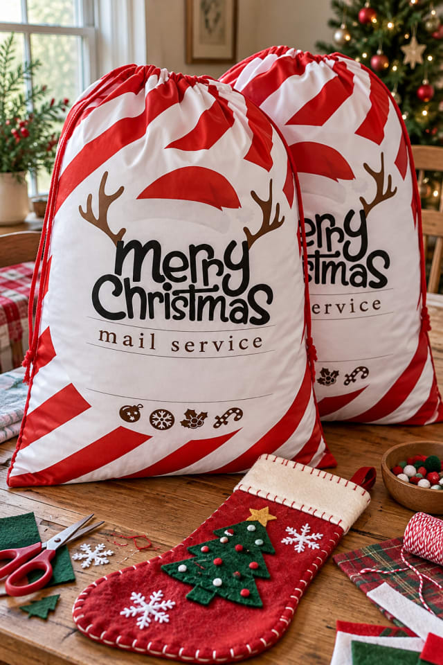 Christmas Fabric Gift Bag | Red Holiday Drawstring Bag for a Festive Craft Table maker-lifestyle pin