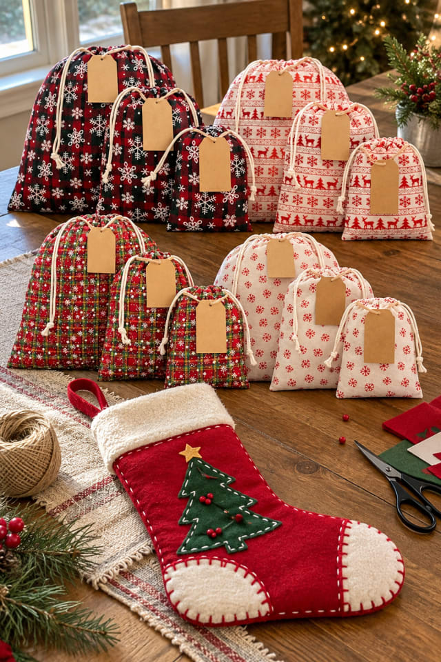Christmas Fabric Gift Bag | Red Fabric Holiday Drawstring Bag for Seasonal Maker Projects maker-lifestyle pin