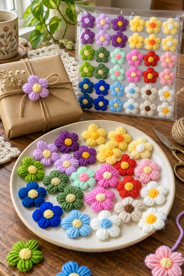 Handmade Crochet Gift Accent | Multicolor Crochet Appliqué Set for Winter Crafting maker-lifestyle pin