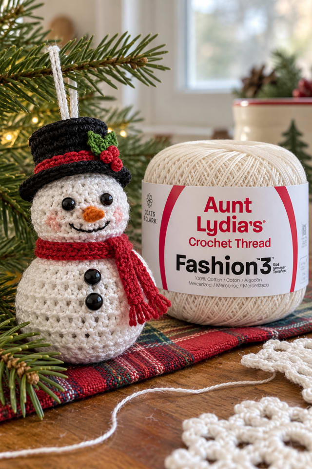 Crochet Snowman Tree Ornament | White Cotton Crochet Ornament Supply for Cozy Seasonal Making maker-lifestyle pin