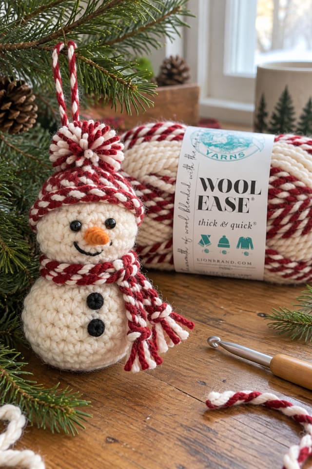 Crochet Snowman Tree Ornament | Red Wool Craft Yarn for Christmas Craft Night maker-lifestyle pin
