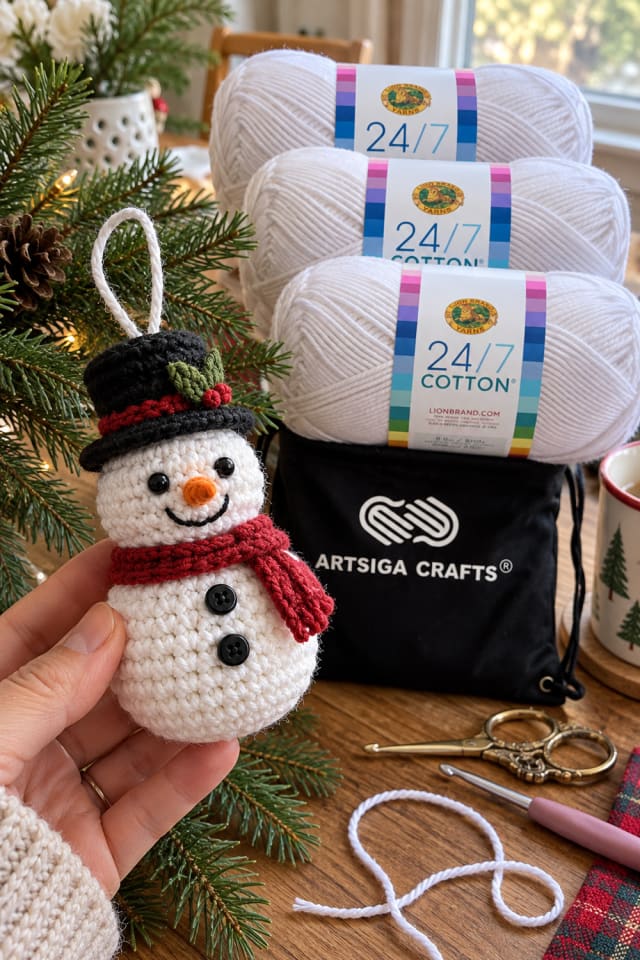 Crochet Snowman Ornament DIY | White Cotton Craft Yarn for Handmade Christmas Projects maker-lifestyle pin