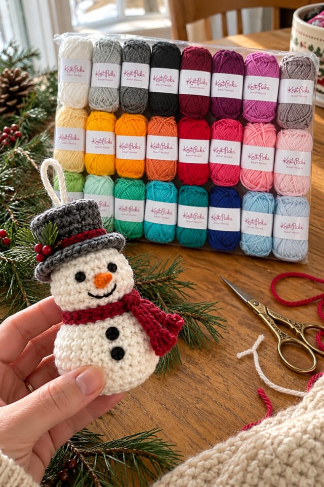 Crochet Snowman Tree Ornament | Rainbow Acrylic Craft Yarn for Seasonal Maker Projects maker-lifestyle pin